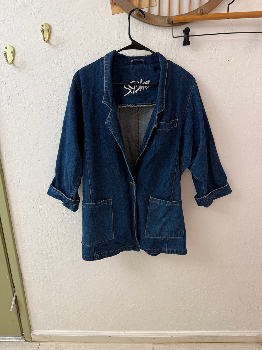 S. Blues Denim Chore Jacket Blazer 3/4 Sleeve Pockets Roll Cuff